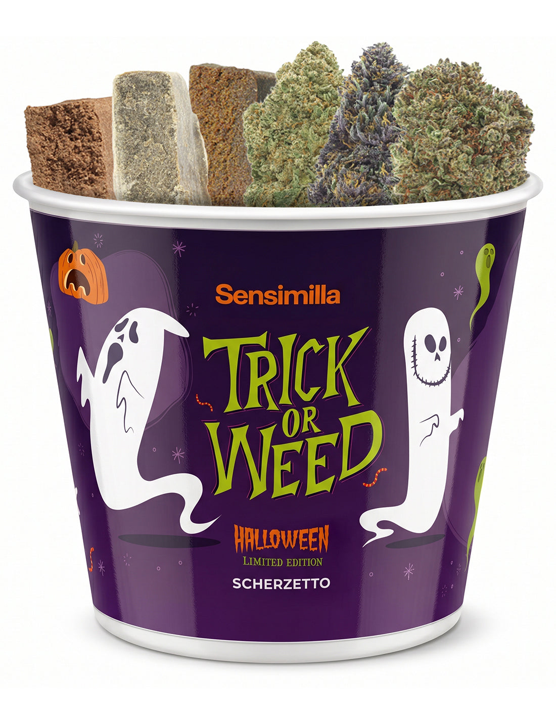 Kit Halloween Scherzetto Sensimilla, secchiello viola Trick or Weed con hash e fiori CBD